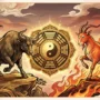 oroscopo-bue-2027-capra-scontro-eroe.jpg Nell'illustrazione dell'oroscopo 2027, il Bue e la Capra di Fuoco dello zodiaco cinese si fronteggiano, con un simbolismo di scontro tra rosso e oro.