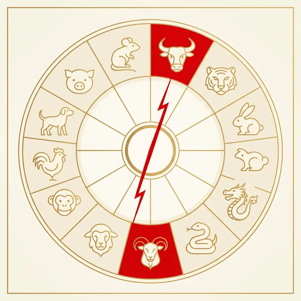 Chinese zodiac wheel diagram showing the Ox in direct clash with the Goat, its opposite sign, in 2027