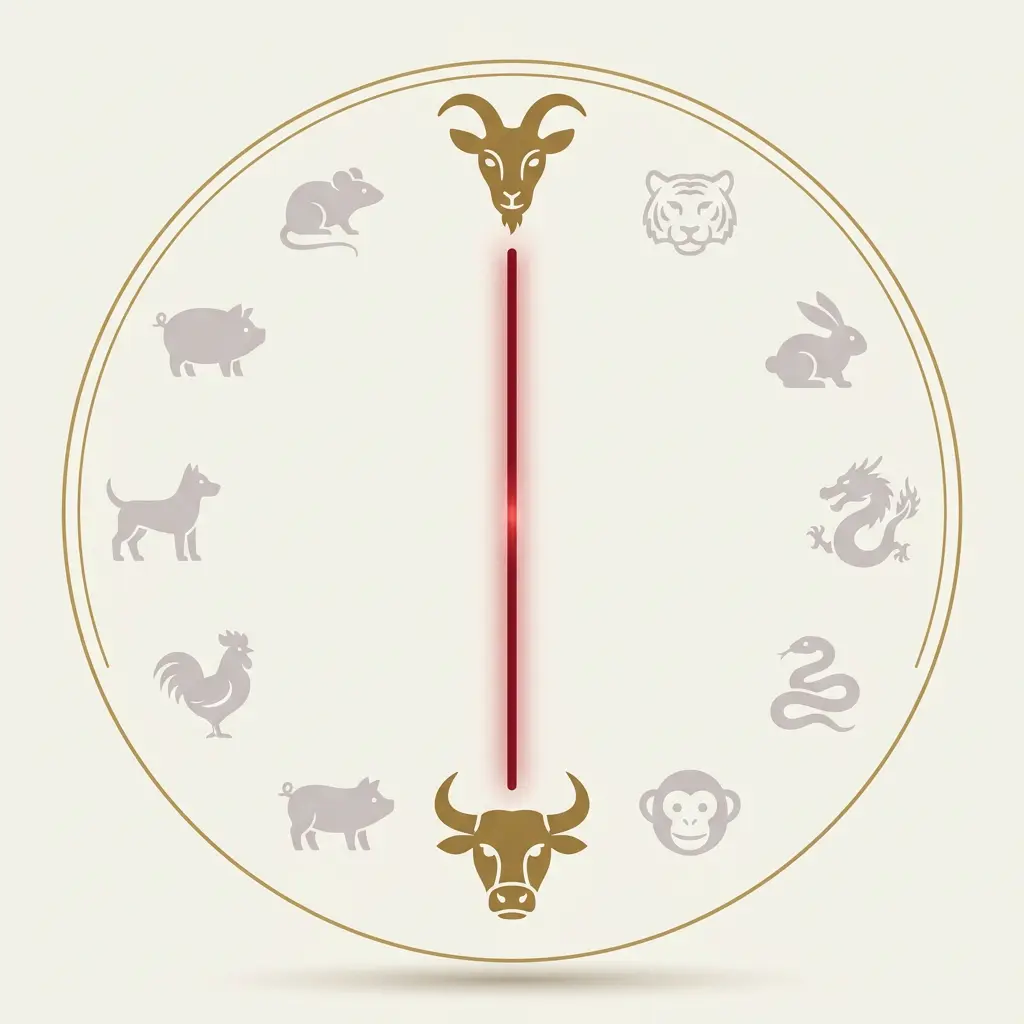 Chinese zodiac wheel diagram showing the Ox and Goat in direct clash (Chong Tai Sui) for 2027
