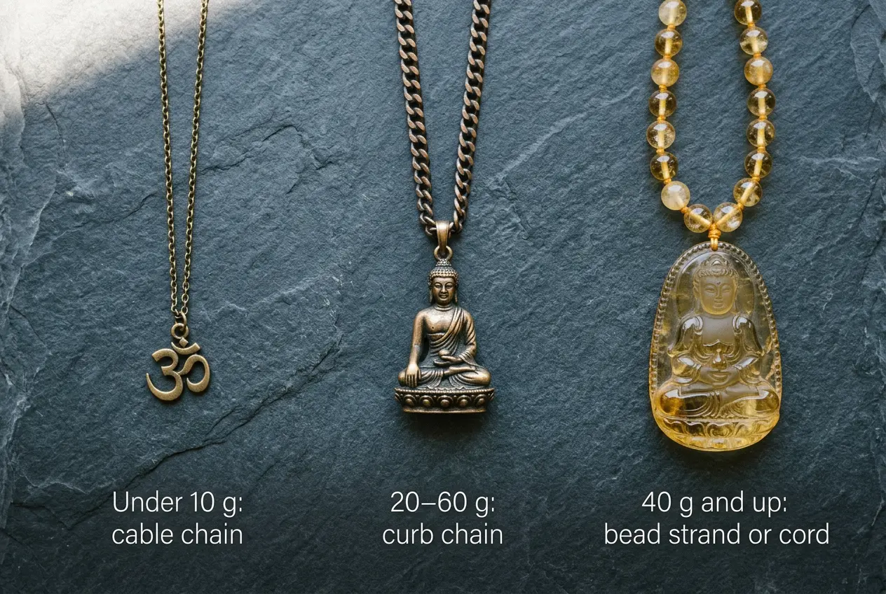 Flat lay of three Buddhist pendants from light to heavy, each paired with a cable chain, curb chain or thick bead strand