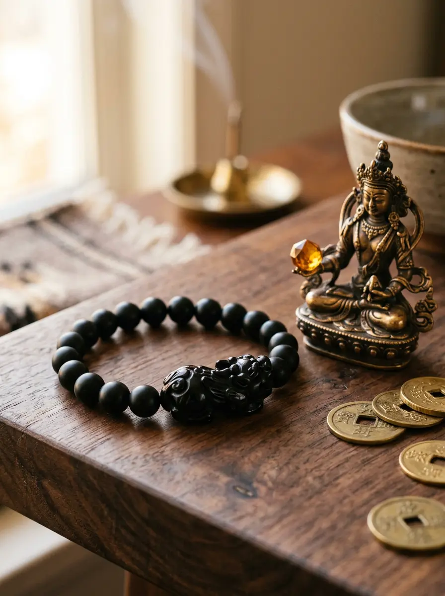 Pixiu wealth bracelet and small Dzambhala statue displayed together as feng shui prosperity symbols