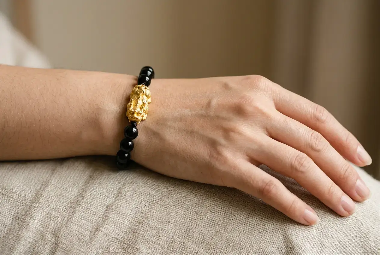 Black obsidian Pixiu bracelet worn on the left wrist with the Pixiu head facing outward to attract wealth.