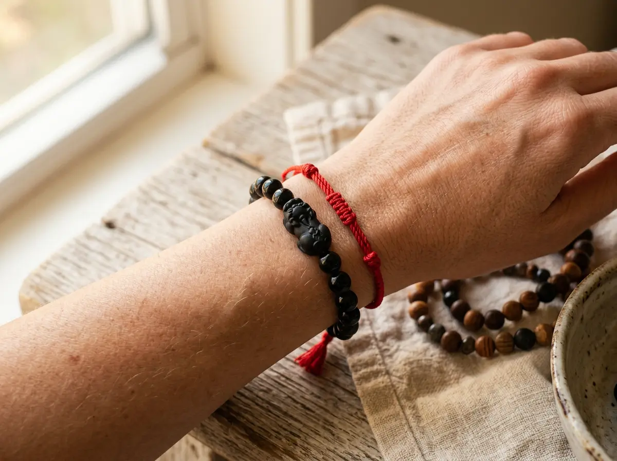 Black obsidian Pixiu bracelet stacked with a red string bracelet, traditional Ox protection for 2027
