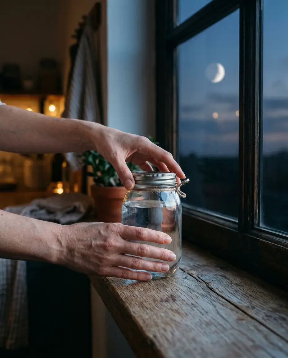 Des mains déposent un bocal en verre fermé rempli d'eau sur le rebord d'une fenêtre pour le recharger au clair de lune.