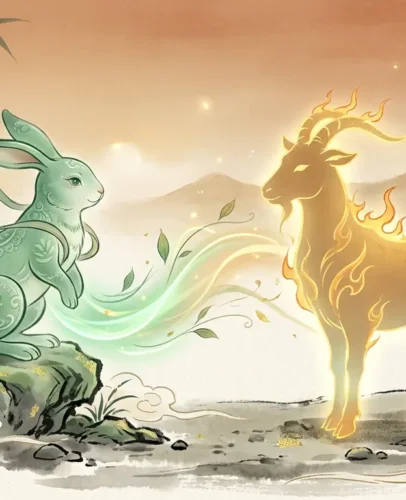 rabbit-2027-horoscope-fire-goat-lucky-year.jpg Jade rabbit zodiac figure glowing beside a fire goat silhouette, symbolizing the Rabbit's lucky 2027 Fire Goat year