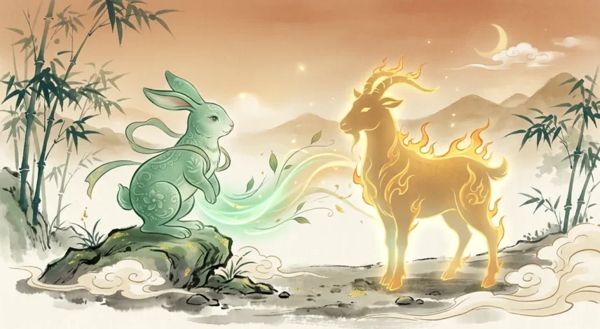 rabbit-2027-horoscope-fire-goat-lucky-year.jpg Jade rabbit zodiac figure glowing beside a fire goat silhouette, symbolizing the Rabbit's lucky 2027 Fire Goat year