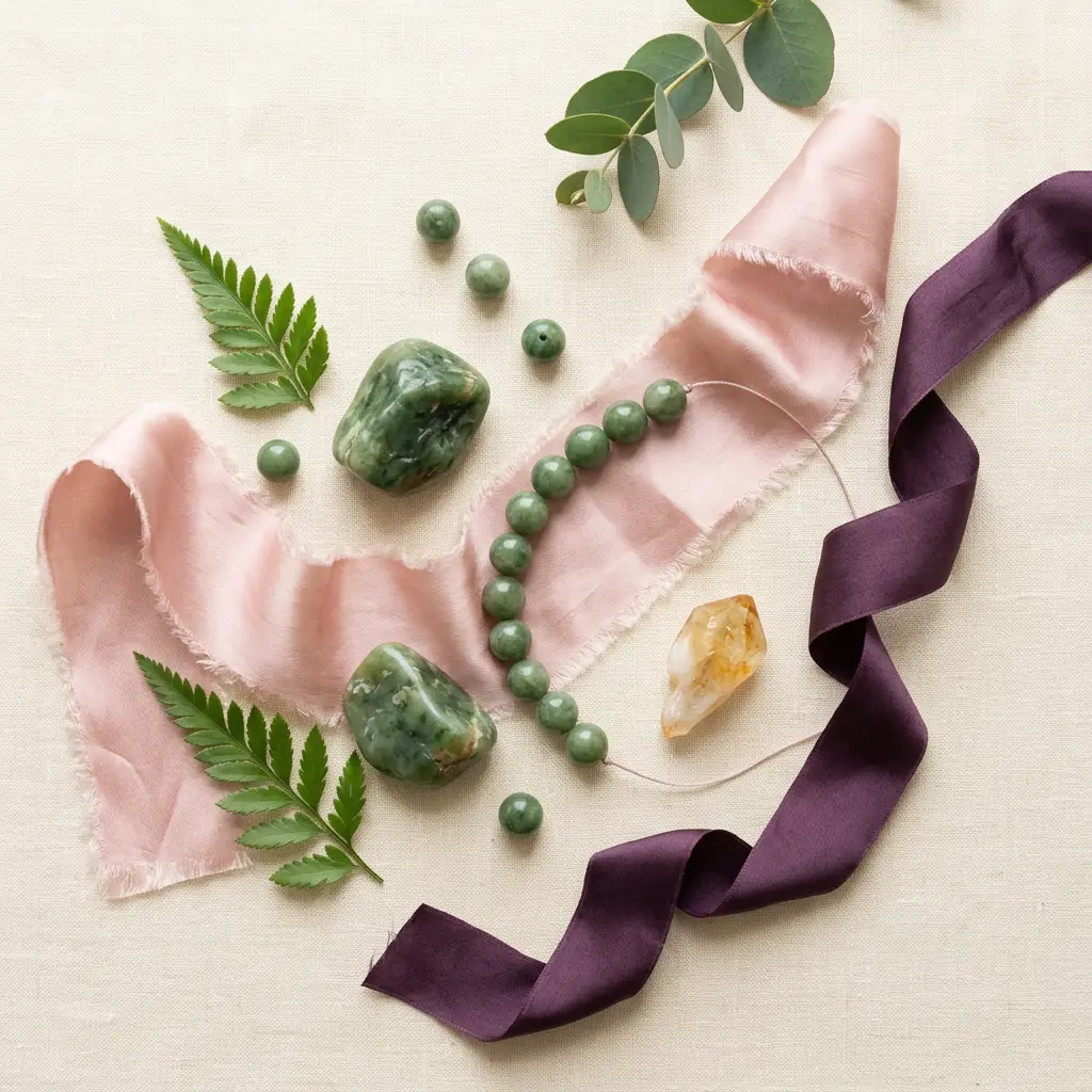 Flat lay of green jade stones with pink and purple silk ribbons representing the Rabbit's lucky colors for 2027