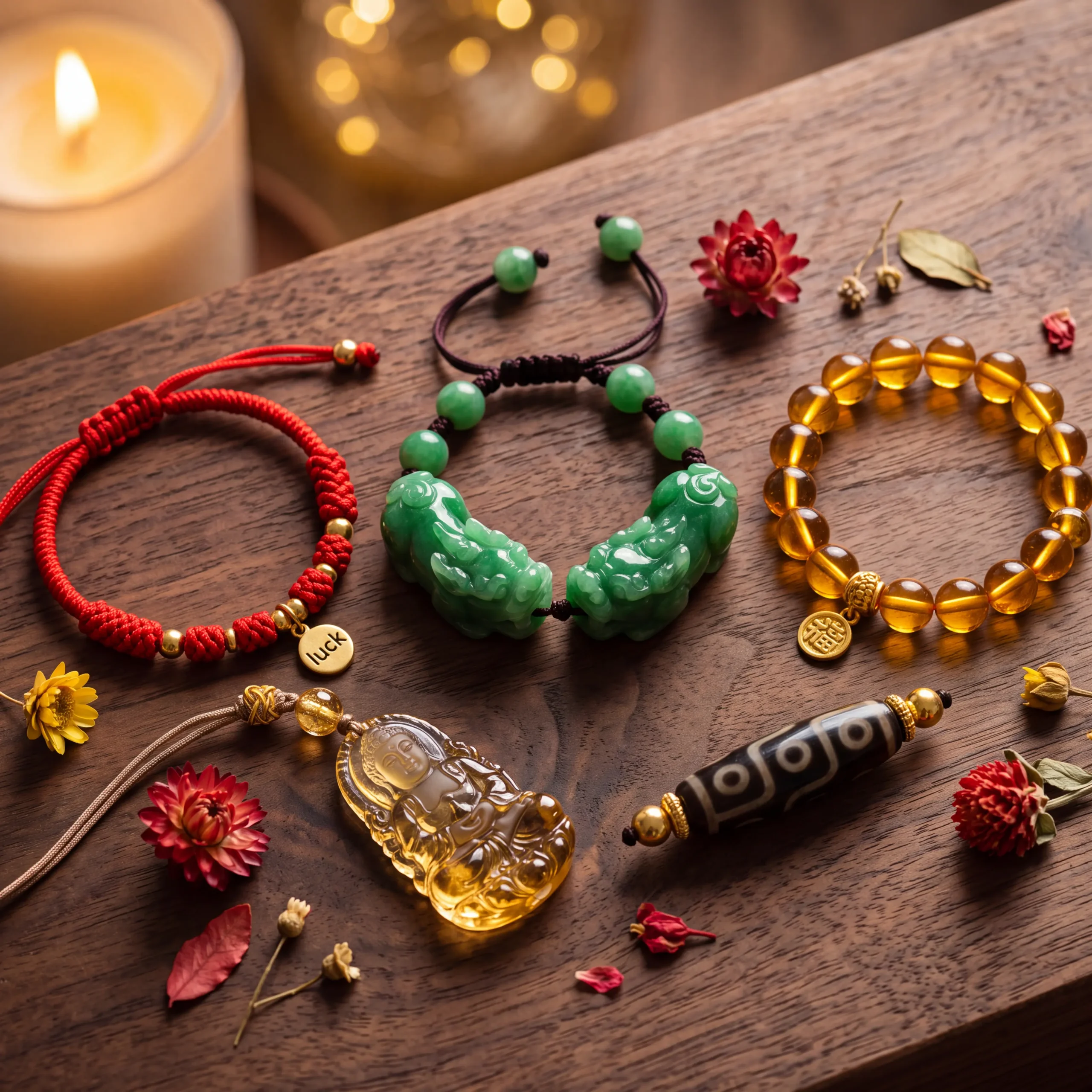 A styled flat lay showing the Rabbit's lucky colors for 2027 – red, pink, purple, and jade green – represented by silk ribbons, a jade bracelet, a citrine bead, and a red string on a cream background