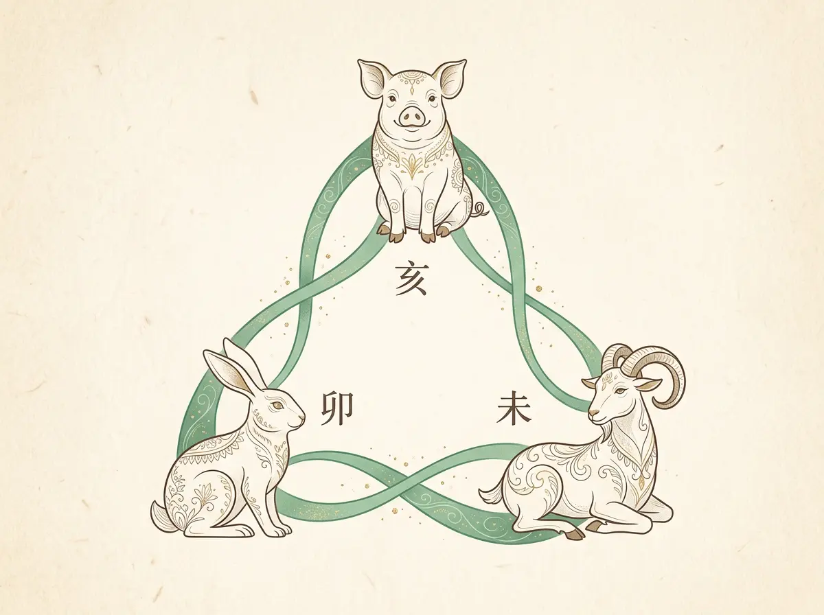 Illustration of Pig, Rabbit, and Goat zodiac animals connected in a triangle formation representing the San He wood trine