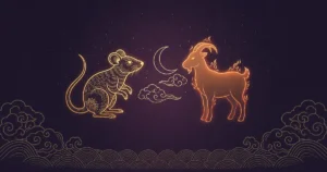 La figure du Rat doré, signe du zodiaque chinois, fait face à une silhouette de Chèvre touchée par les flammes, symbolisant l'horoscope du Rat pour 2027, sous le signe de la Chèvre de Feu.