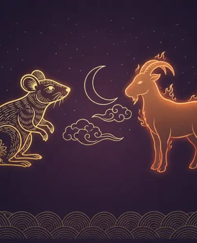 Golden Rat zodiac figure facing a flame-touched Goat silhouette, symbolizing the Rat's 2027 Fire Goat horoscope.
