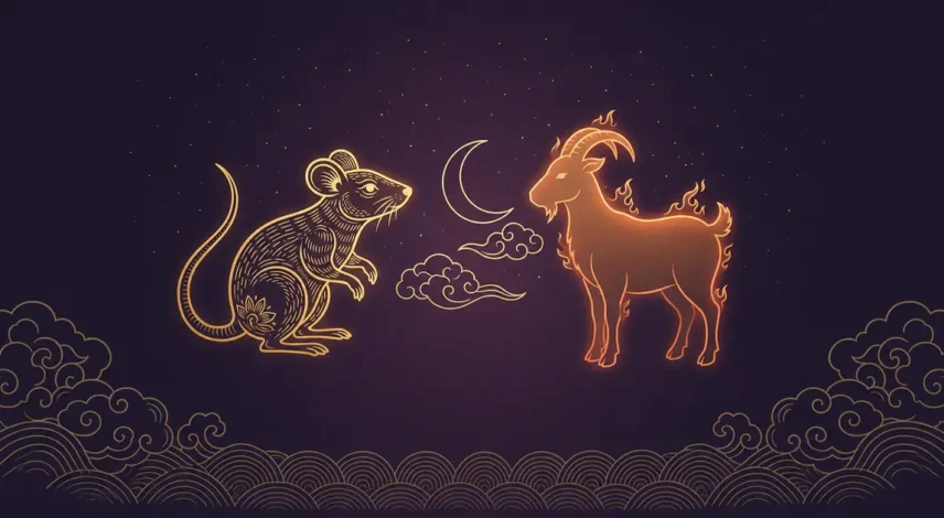 rat-2027-fire-goat-horoscope-hero.jpg Golden Rat zodiac figure facing a flame-touched Goat silhouette, symbolizing the Rat's 2027 Fire Goat horoscope.