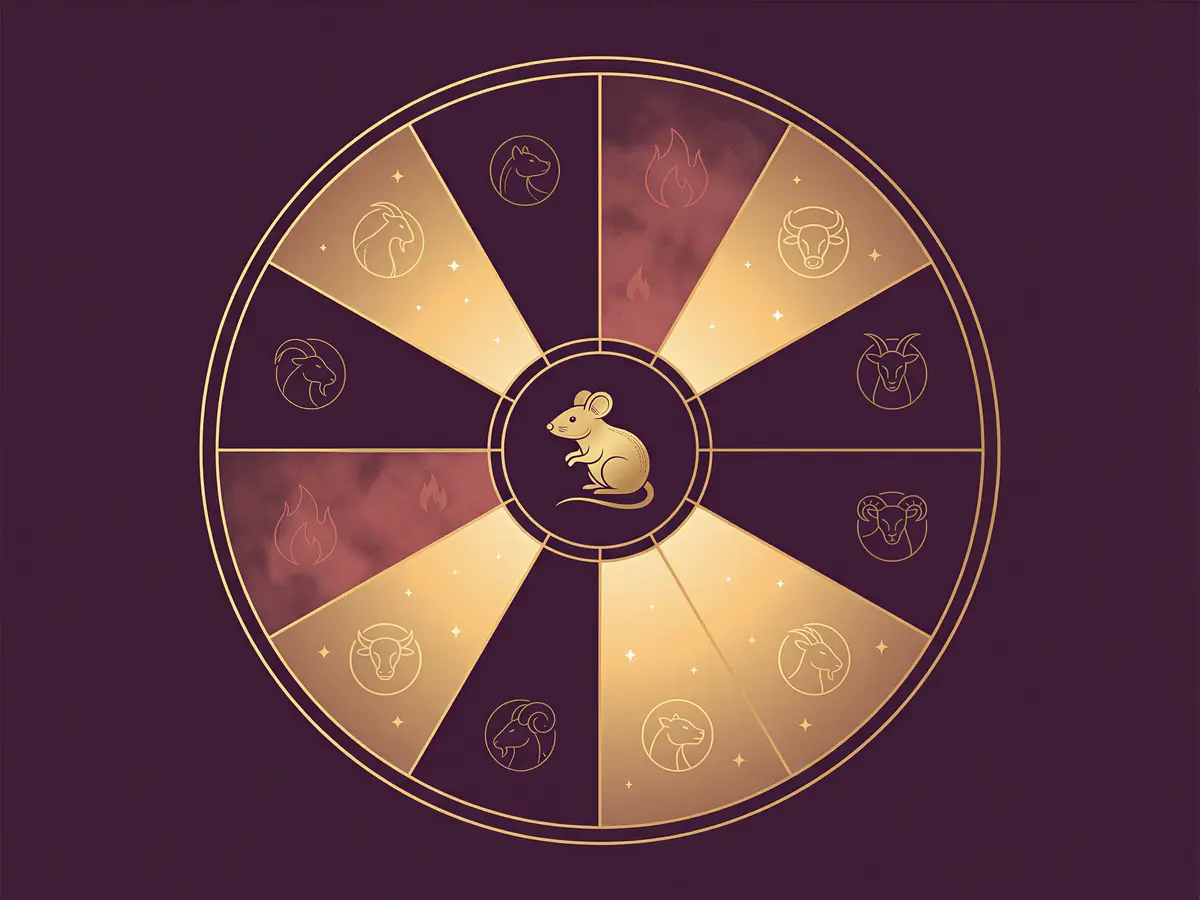 Golden zodiac calendar wheel highlighting the Rat's luckiest and most cautious months in the 2027 Fire Goat year.