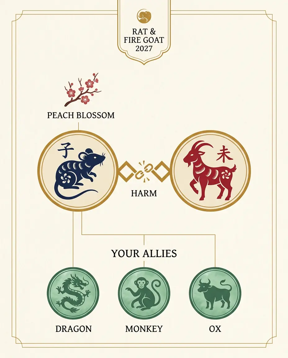 Infografaic den Rat-Goat Six Harm in 2027 leis an phointe geal Peach Blossom agus a chomhghuaillithe Dragon, Monkey agus Damh