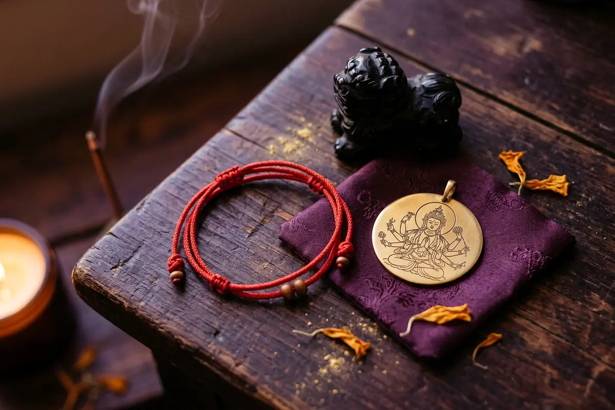 Flat lay of a red string bracelet, a golden guardian buddha pendant, and a black Pixiu charm for Rat Tai Sui remedies in 2027.