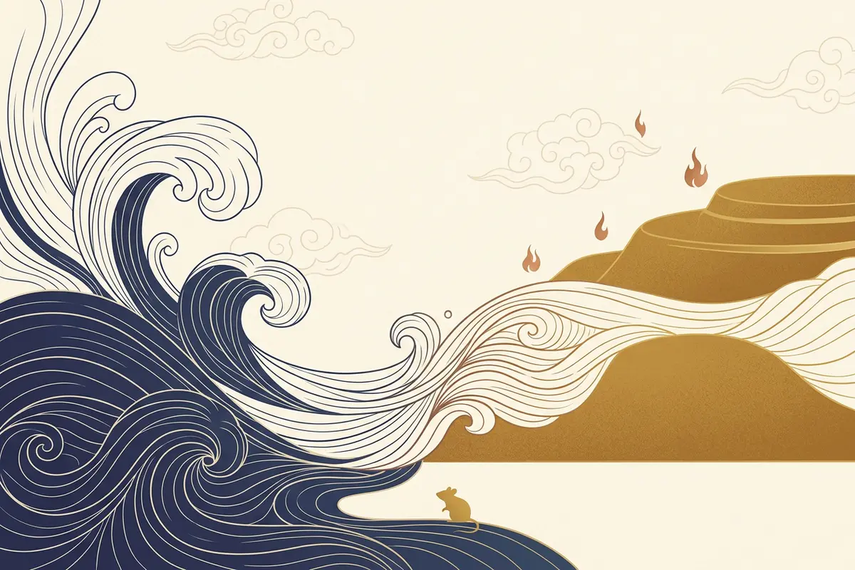 Symbolic illustration of Water and Earth elements meeting, representing the Rat's five-element relationship with the 2027 Goat year.
