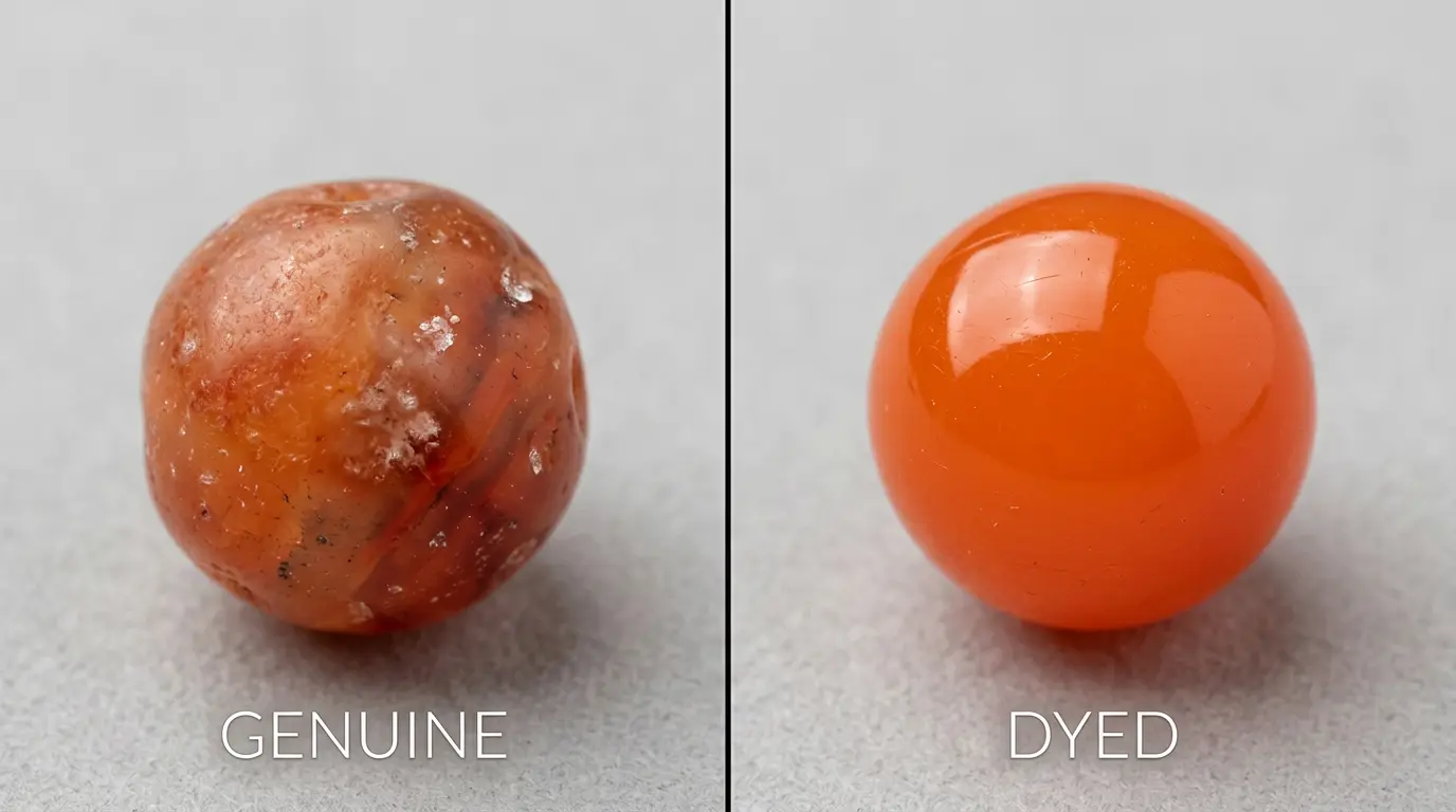 Side-by-side comparison of genuine carnelian with cloudy natural inclusions next to a dyed fake with uniform bright color