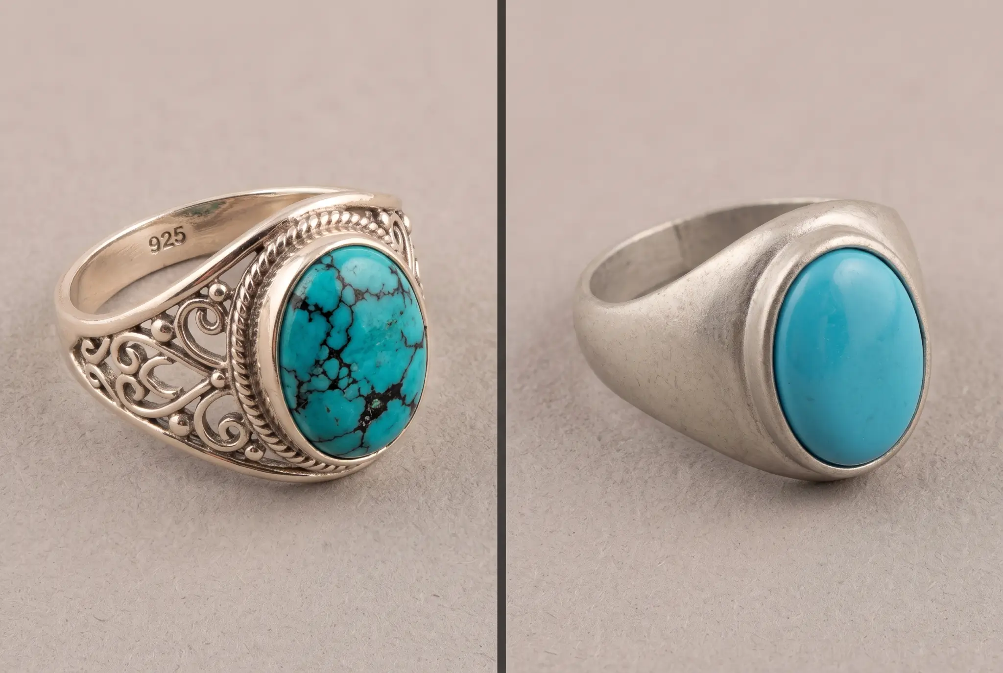 Side-by-side comparison of a genuine 925 sterling silver ring with natural matrix turquoise versus a dull base-metal alloy ring with dyed imitation turquoise