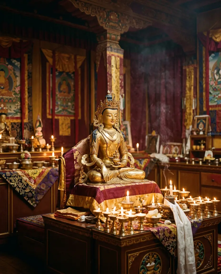 Golden Buddha statue inside a Tibetan monastery, honored on Saga Dawa Duchen