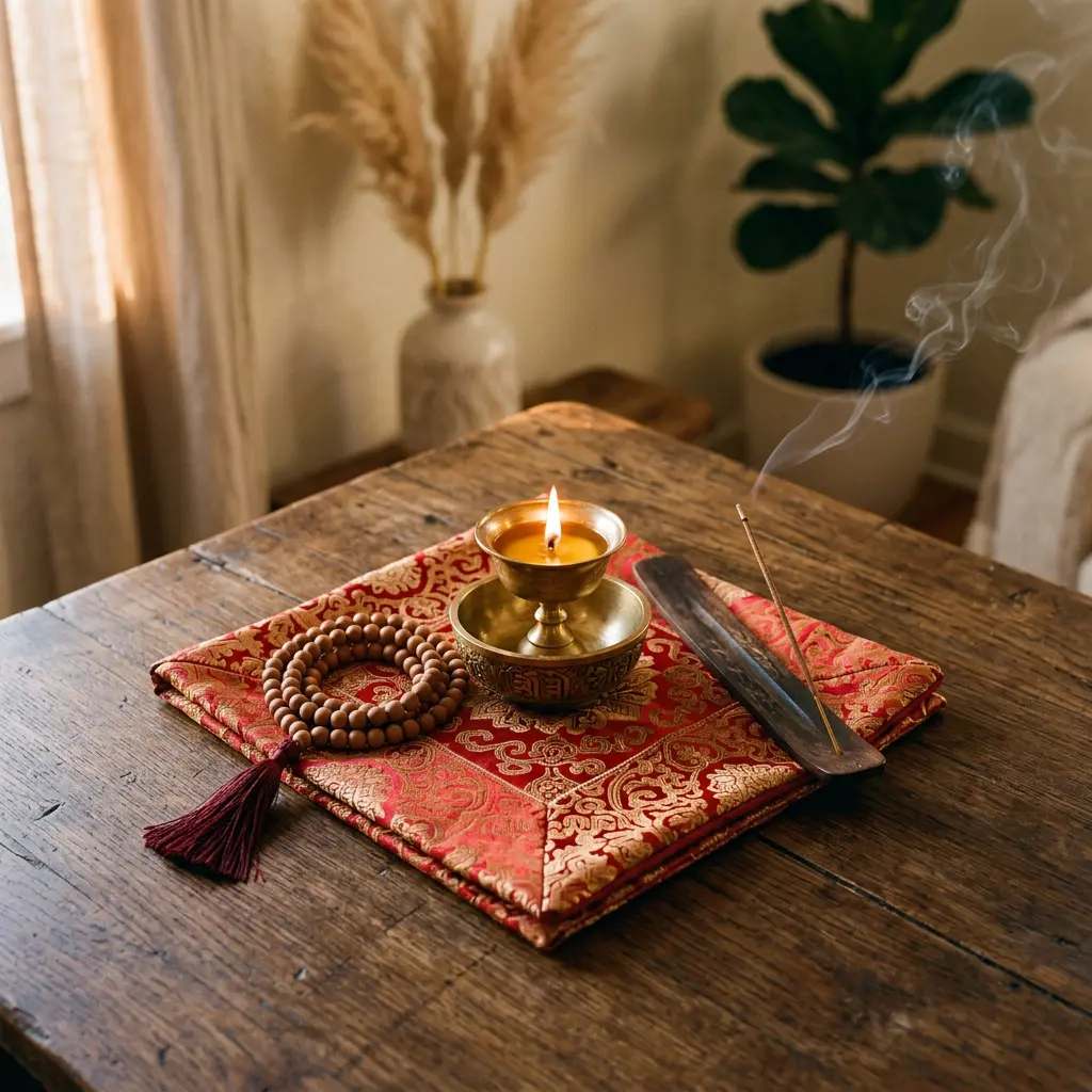 A home altar with a lit butter lamp, offering bowls, and a Tibetan mala for observing Saga Dawa