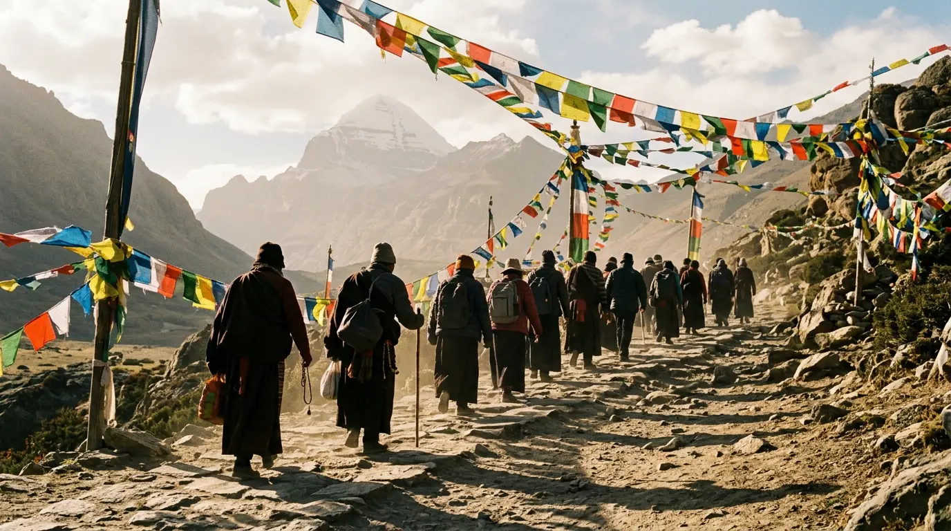 Pilgrims walking a kora circuit beneath colorful prayer flags during Saga Dawa