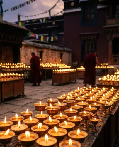 saga-dawa-month-of-merit-butter-lamps Rows of glowing butter lamps lit during Saga Dawa, the Tibetan Buddhist month of merit
