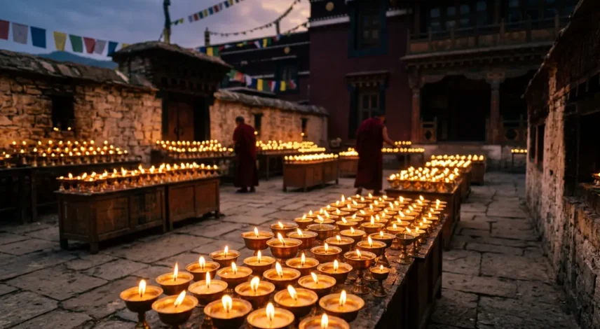 saga-dawa-month-of-merit-butter-lamps Rows of glowing butter lamps lit during Saga Dawa, the Tibetan Buddhist month of merit
