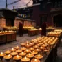 Rows of glowing butter lamps lit during Saga Dawa, the Tibetan Buddhist month of merit