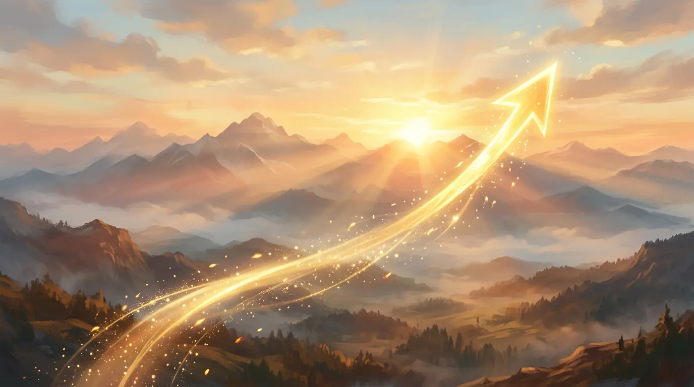 A glowing golden arrow arcing toward sunrise over mountains, symbolizing Sagittarius career growth in 2027