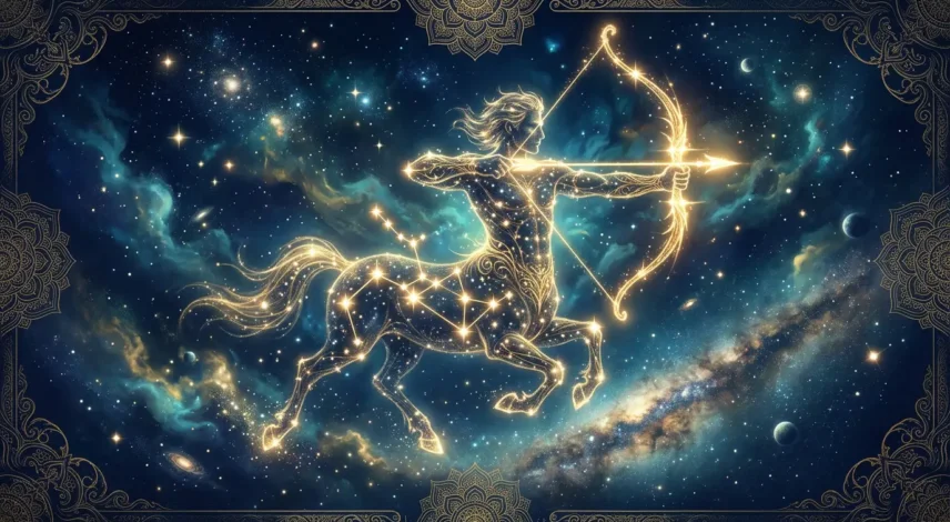 Sagittarius archer constellation glowing in a deep blue night sky for the 2027 horoscope
