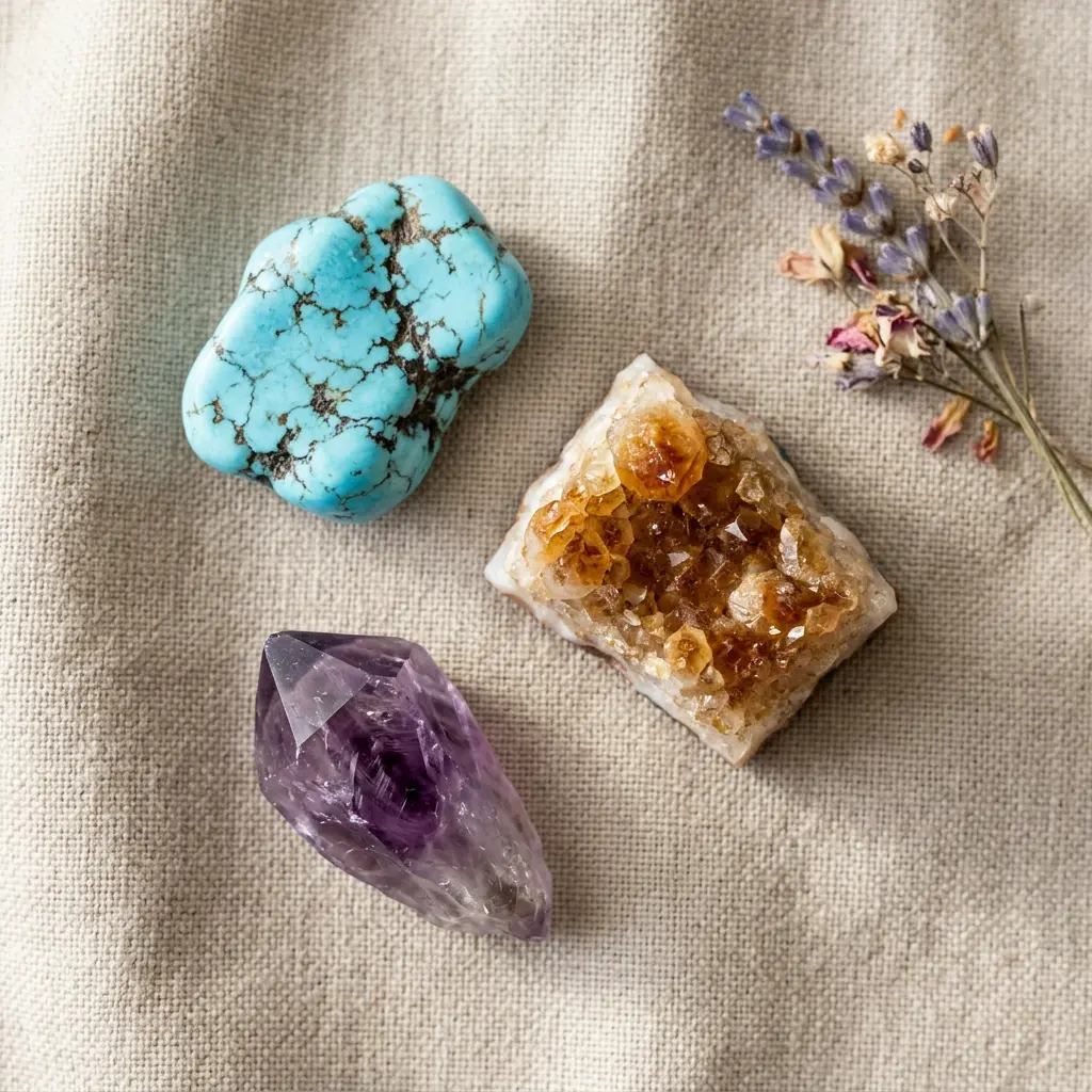 Turquoise, citrine, and amethyst crystals arranged on natural linen, the lucky stones for Sagittarius