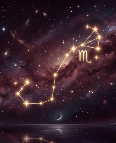 Scorpio scorpion constellation and zodiac glyph glowing over a deep plum night sky for the 2027 horoscope