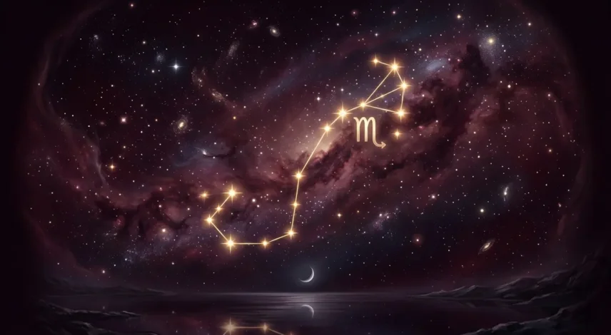 Scorpio scorpion constellation and zodiac glyph glowing over a deep plum night sky for the 2027 horoscope