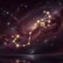 Scorpio scorpion constellation and zodiac glyph glowing over a deep plum night sky for the 2027 horoscope