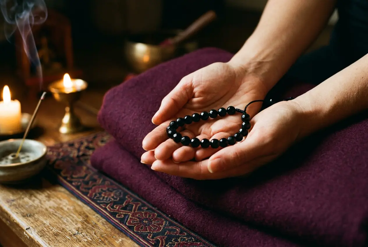 Hands holding a black obsidian bracelet in a calm candlelit meditation space with Tibetan textiles