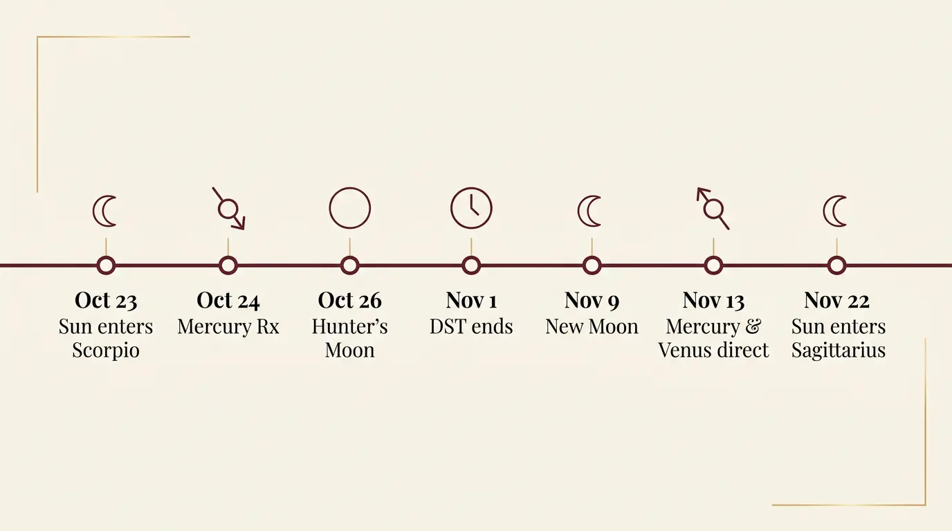 Timeline infographic of Scorpio season 2026 from October 23 to November 22, showing Mercury retrograde, Venus retrograde, Hunter's Moon and New Moon in Scorpio dates in Eastern and Pacific time