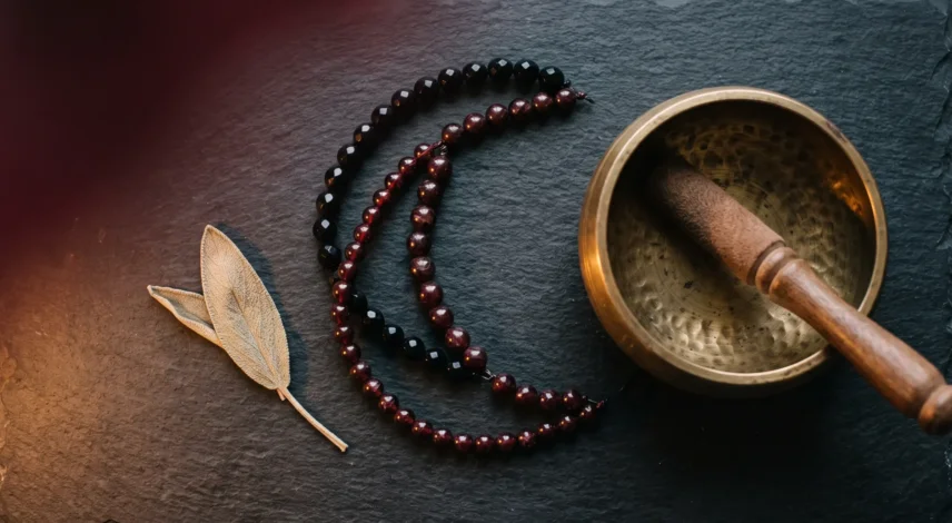 Black obsidian and garnet jewelry beside a crescent moon, symbolizing Scorpio season 2026 transformation