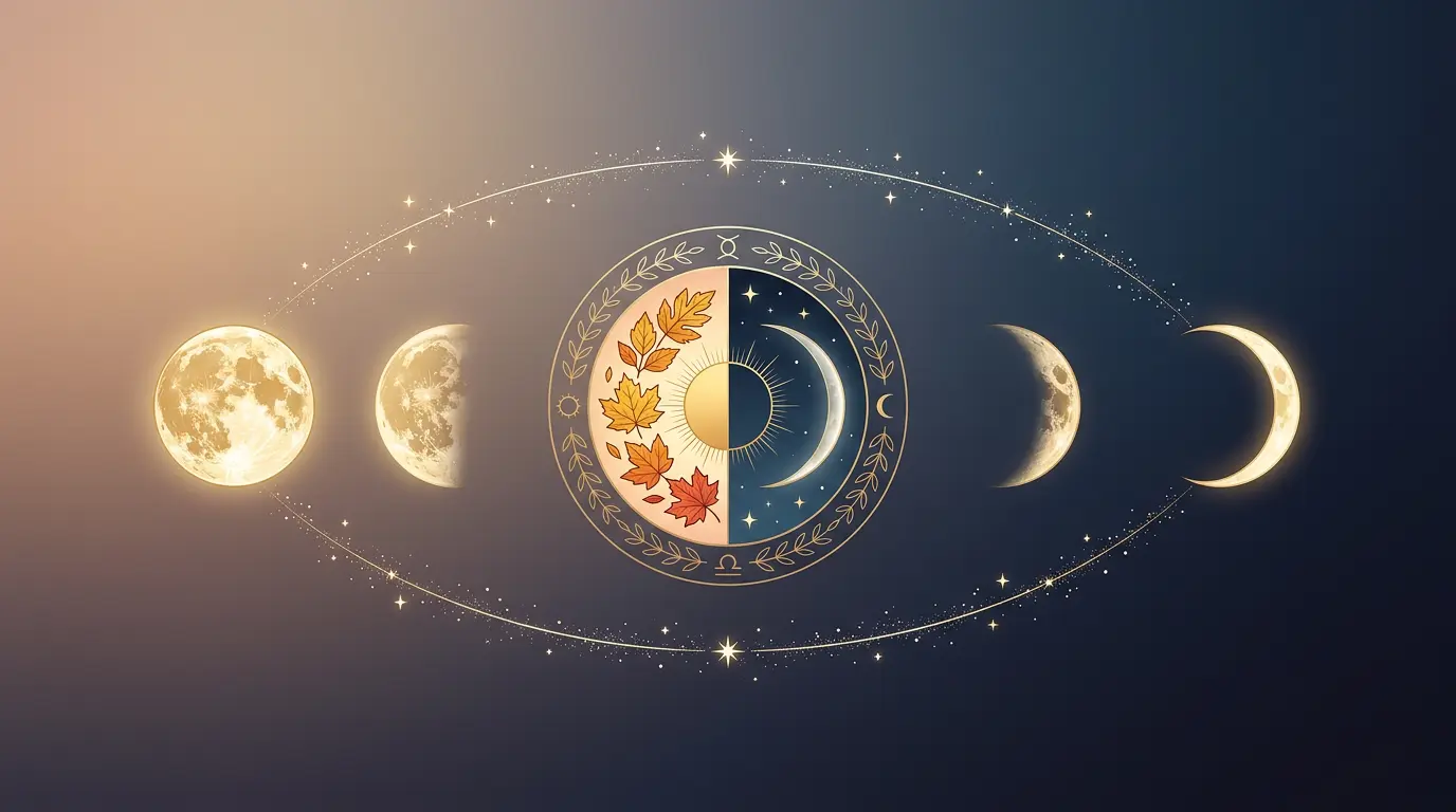 Illustration of the moon moving from full moon to new moon beside a balanced autumn equinox scene, marking September 2027's key astrology dates