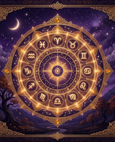 Golden zodiac wheel glowing under a starry autumn night sky, representing the September 2027 horoscope and monthly zodiac guide