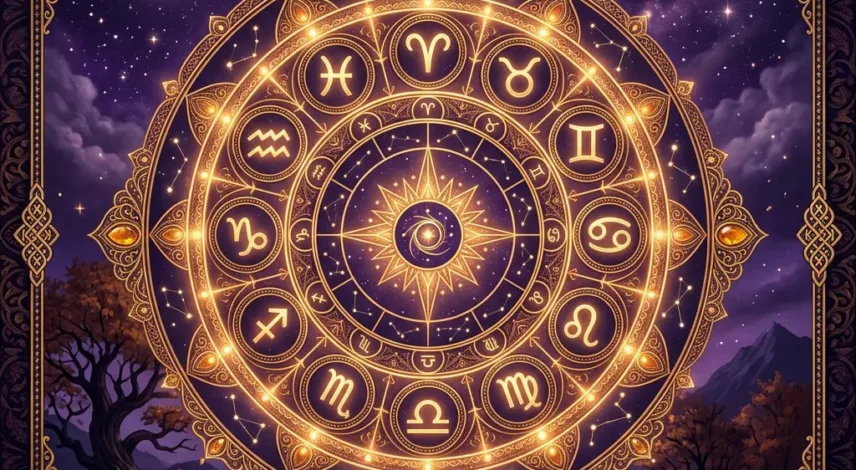 september-2027-horoscope-zodiac-wheel-autumn-sky Golden zodiac wheel glowing under a starry autumn night sky, representing the September 2027 horoscope and monthly zodiac guide