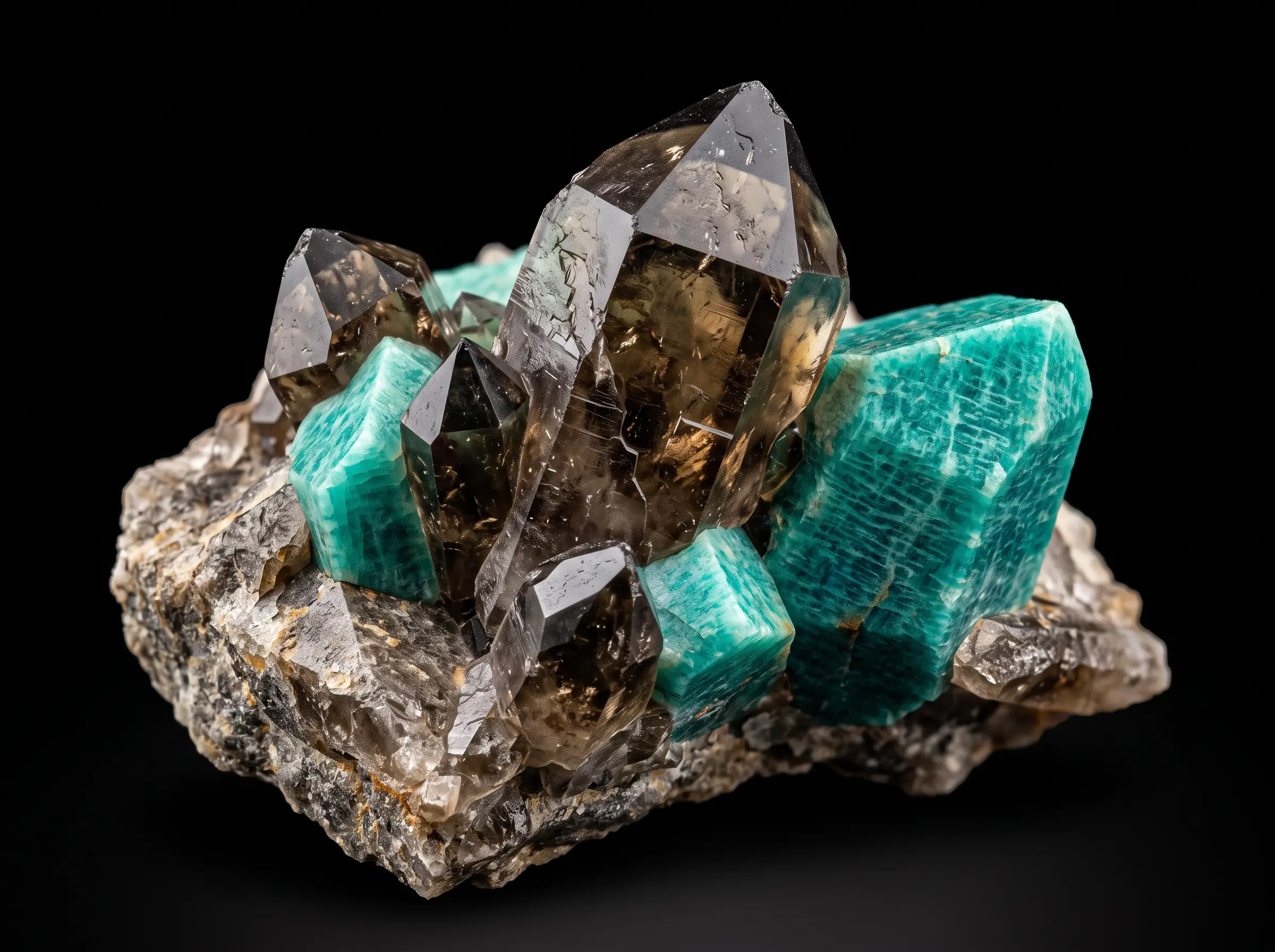 Natural smoky quartz crystal points intergrown with vivid green amazonite from Colorado's Pikes Peak