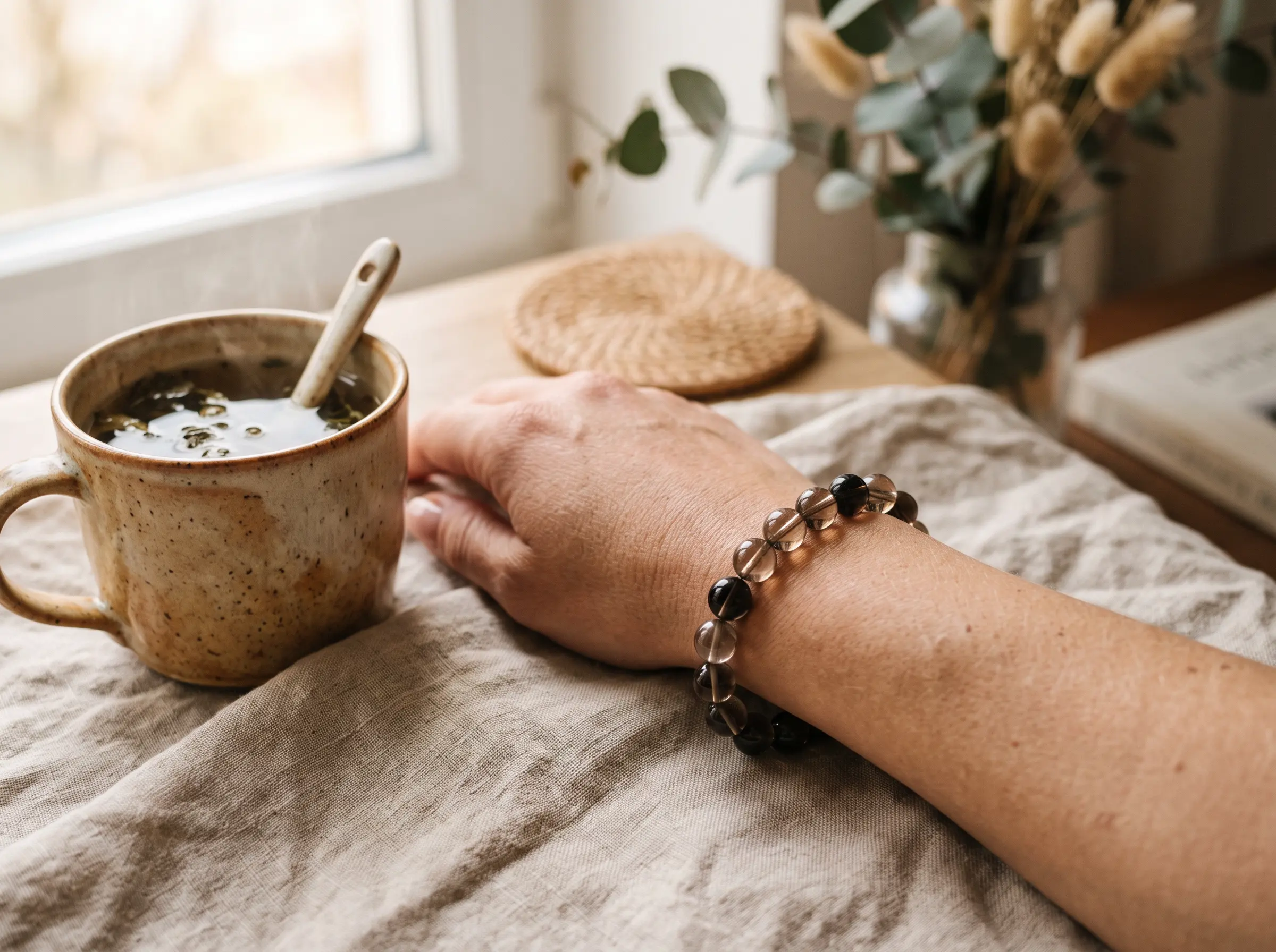 Woman's wrist wearing a smoky quartz beaded bracelet with a neutral linen sleeve in soft natural light