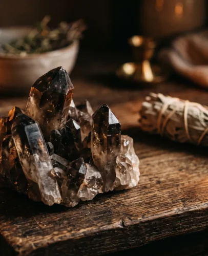 Raw smoky quartz crystal cluster with brown-to-black points on a wooden altar, symbolizing grounding and protection