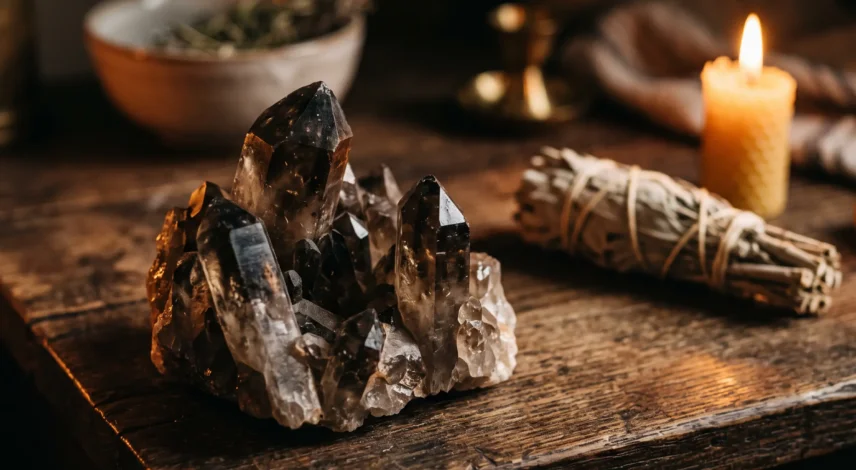 Raw smoky quartz crystal cluster with brown-to-black points on a wooden altar, symbolizing grounding and protection