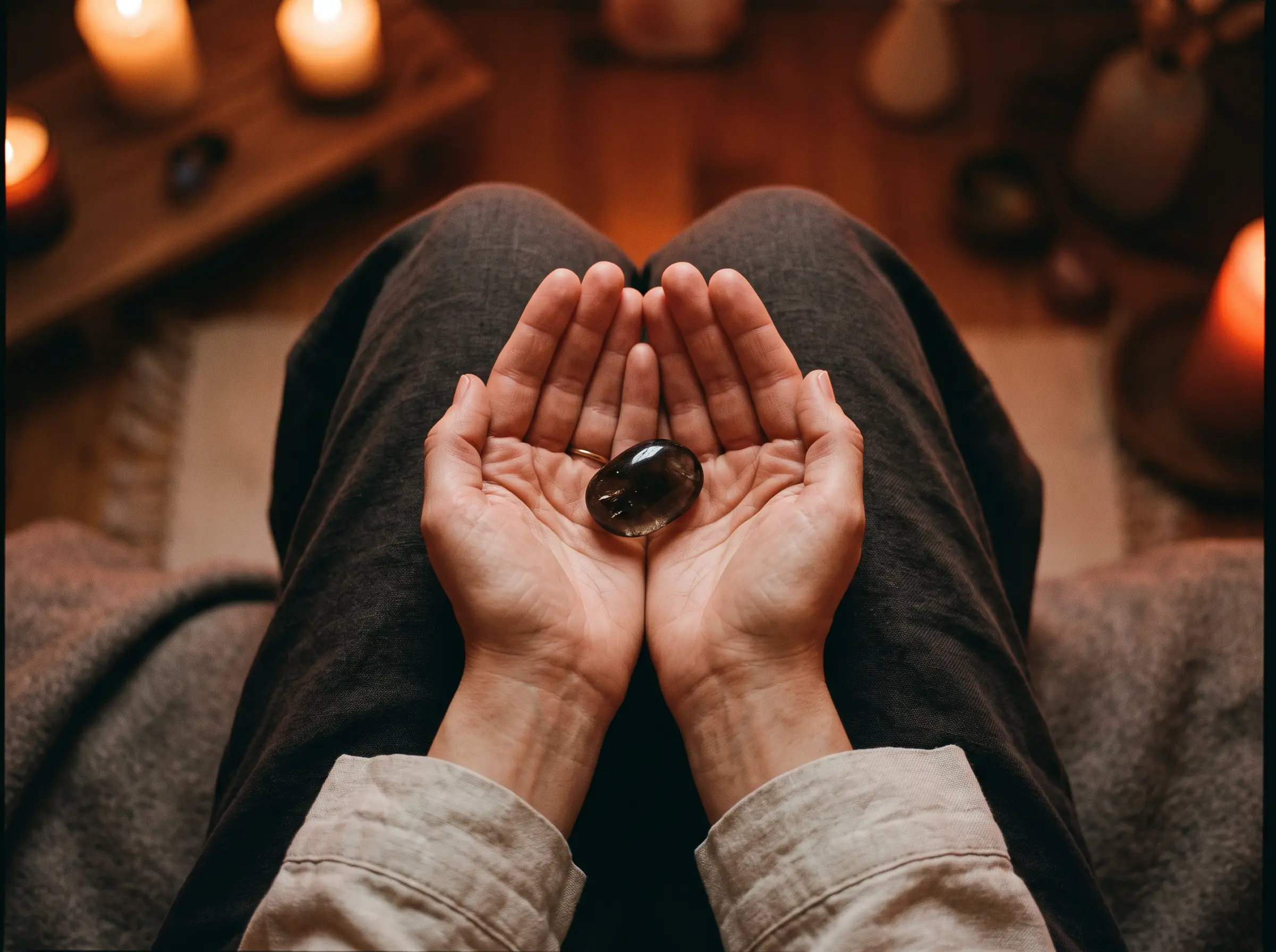 Hands cupping a smoky quartz tumbled stone during a grounding meditation, warm red light suggesting root chakra energy