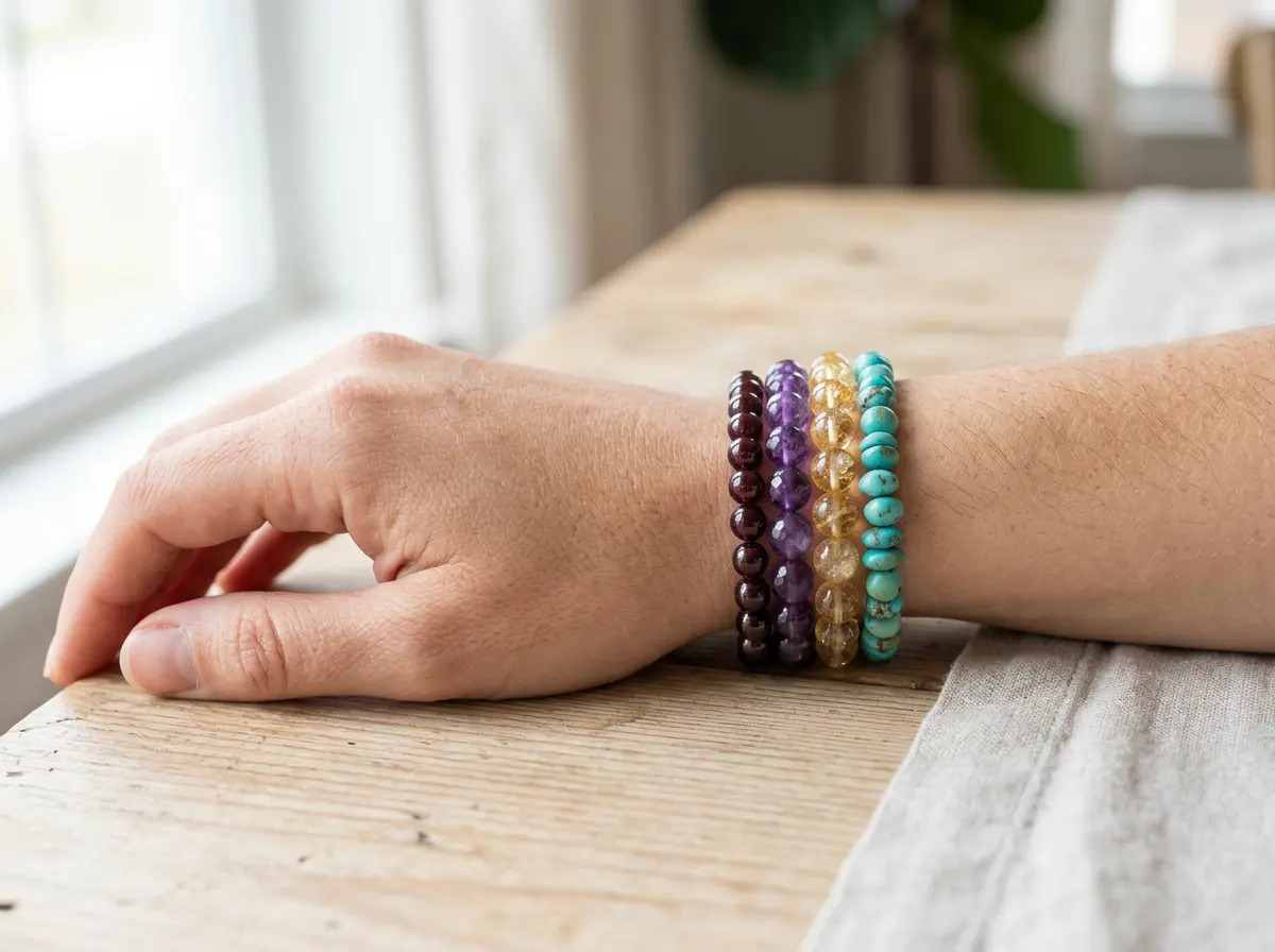 Wrist wearing several stacked gemstone bracelets in different colors, showing how multiple birthstones can be layered together
