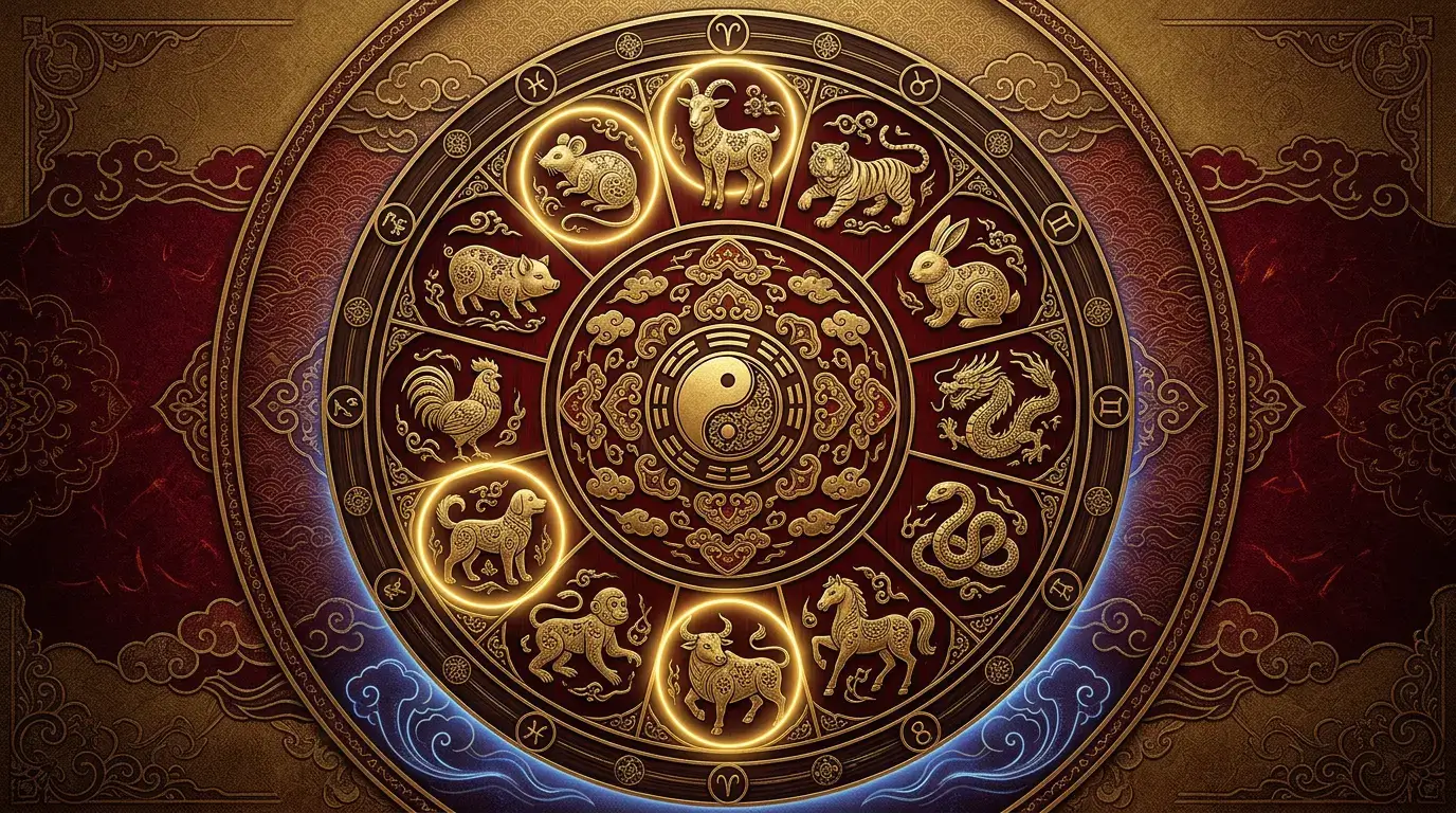 Chinese zodiac wheel highlighting the four Tai Sui signs of 2027 (Goat, Ox, Dog, Rat) on a deep red and gold background