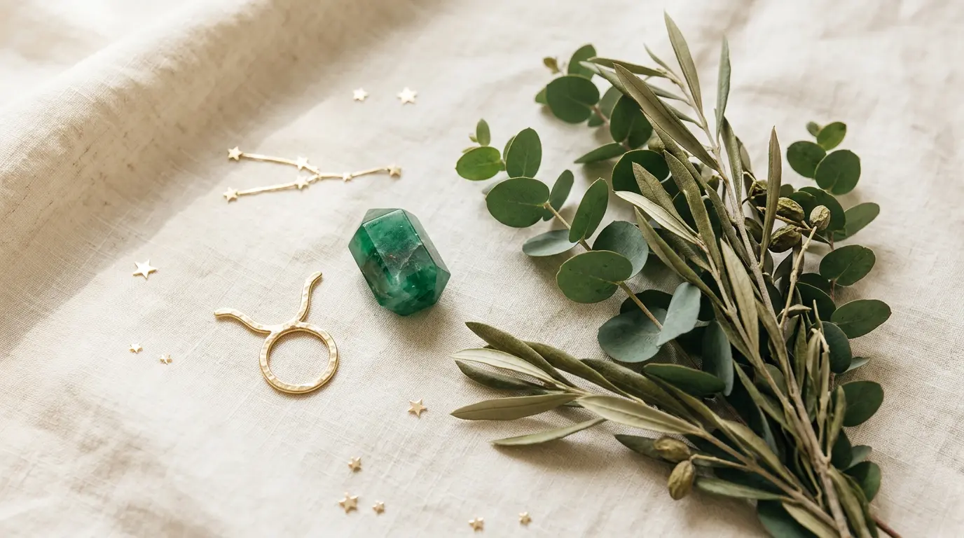 Green emerald and green aventurine crystals with a gold Taurus symbol, the Taurus birthstones for 2027