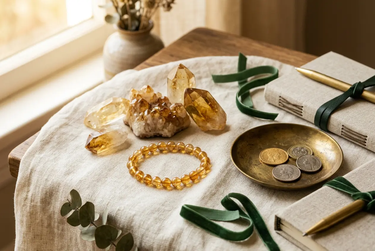 Golden citrine crystals and bracelet with coins, symbolizing Taurus money and savings intentions for 2027