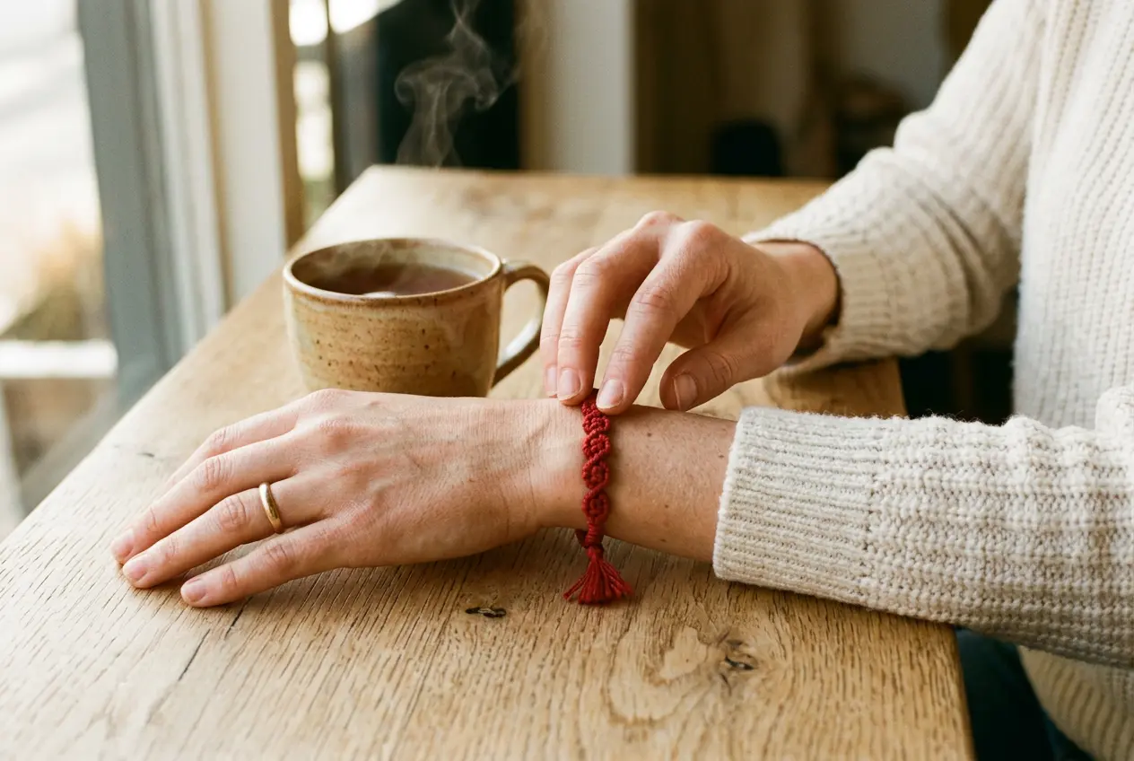 Red hand-knotted Tibetan protection bracelet worn on the left wrist beside a cup of tea